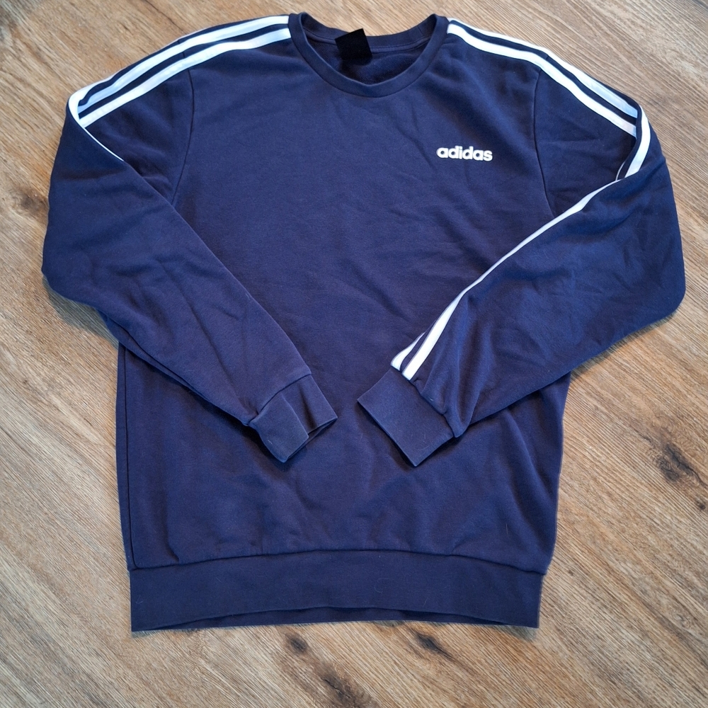 Adidas Mens Medium Long Sleeve Crew Neck Athletic Sweatshirt Navy Blue Striped